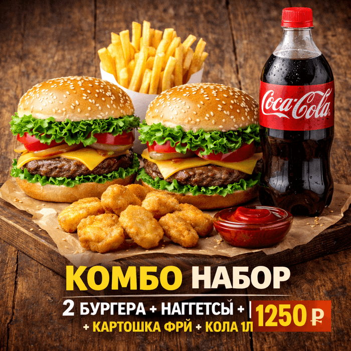 Два бургера наггетсы фри кола 1л